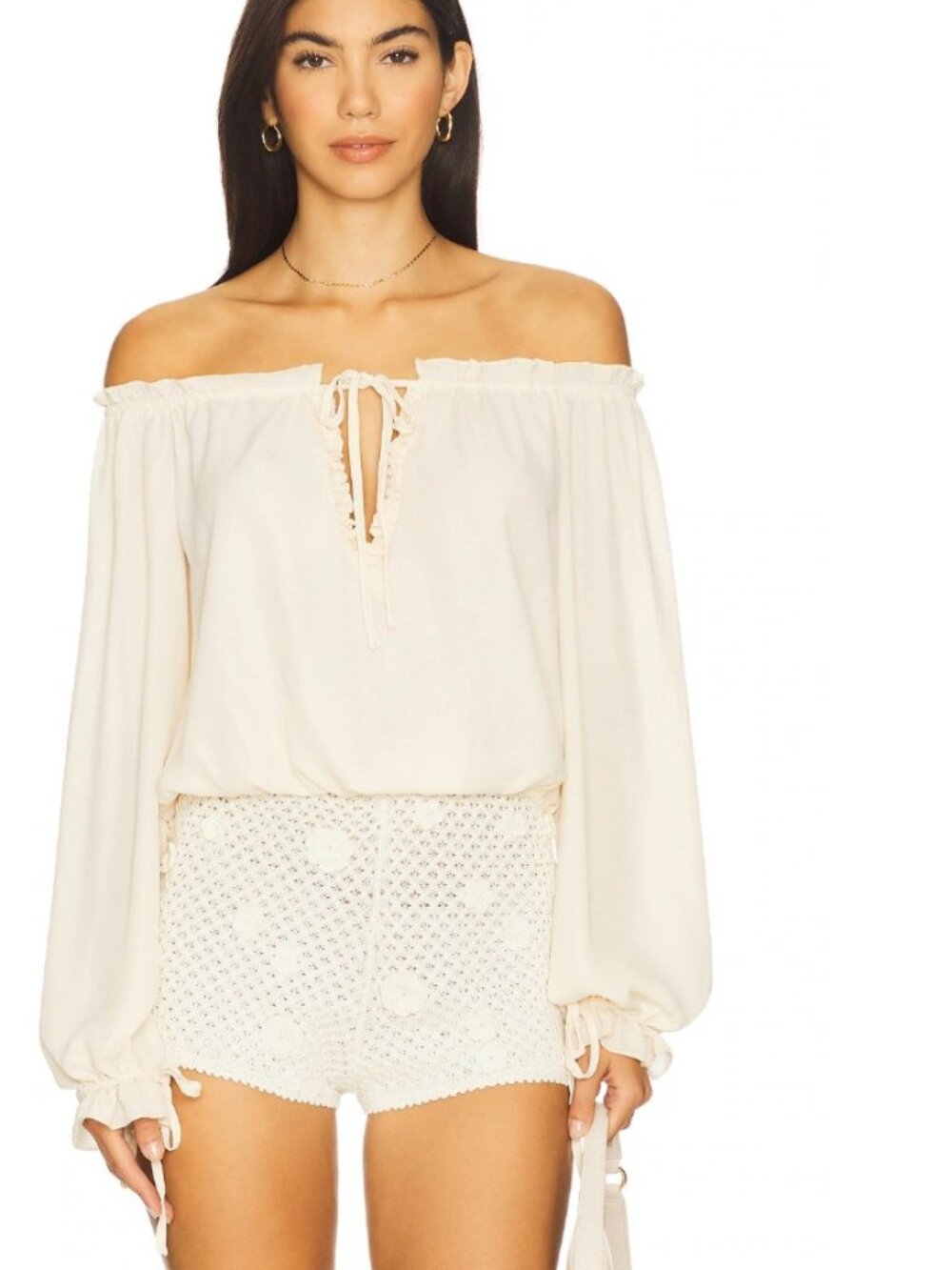 MORE TO COME Davina Off Shoulder Top in Nude cream flowy long sleeve blouse